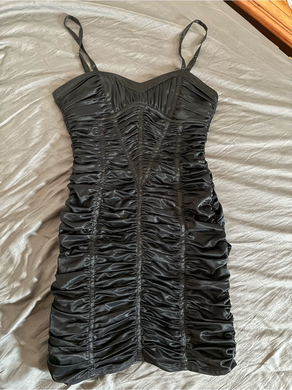 bebe Black Ruched Satin Mini Dress with Adjustable Straps